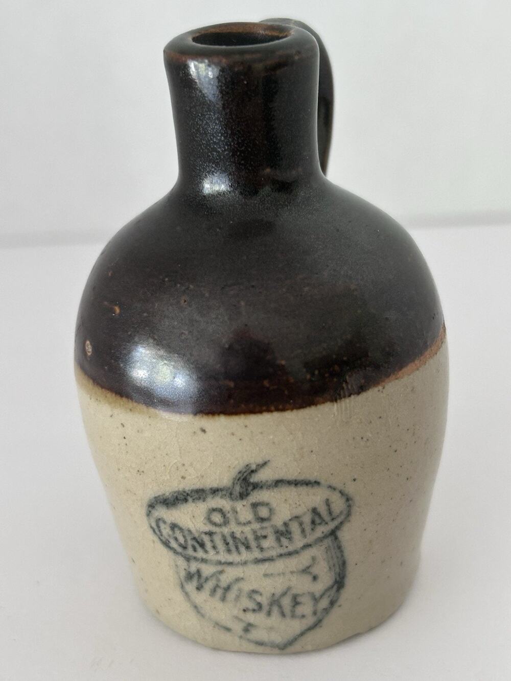 Antique 3" Continental Whiskey Advertising Stoneware Crock Little Brown Jug 1930
